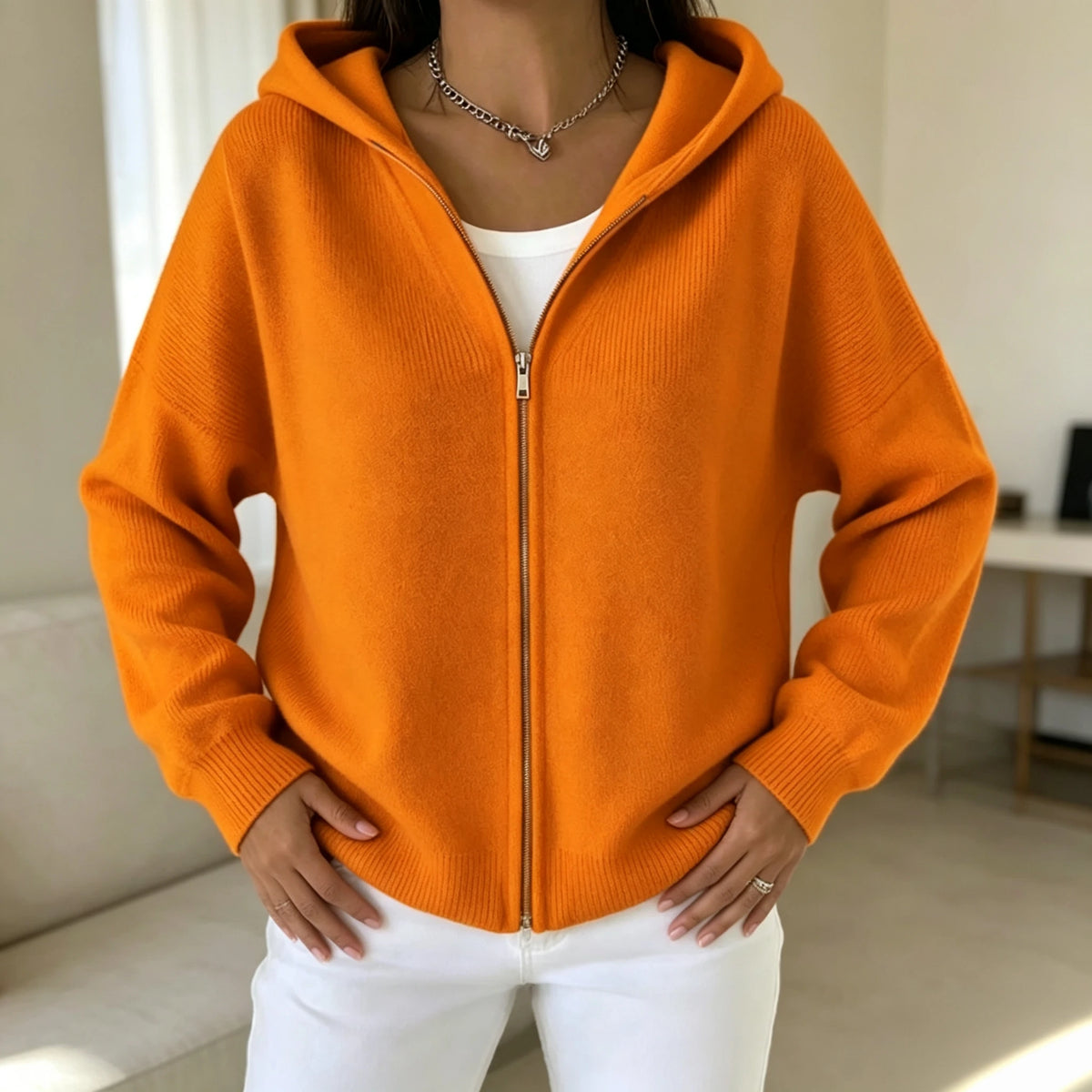 SCACTO Women's Hooded Zip Knit Cardigan With Pockets