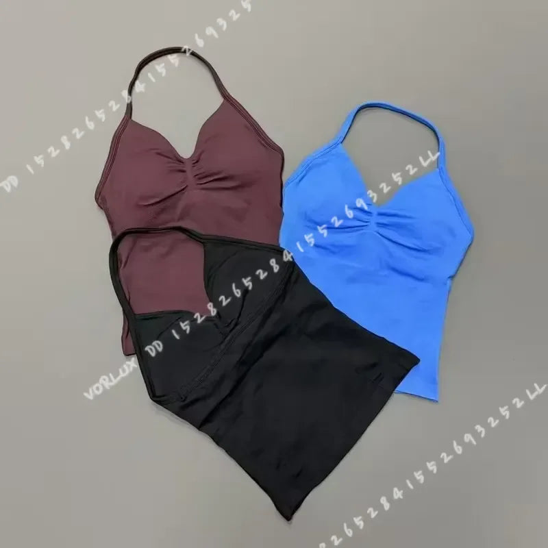 Seamless Halter Neck Workout Tank With Built In Shelf Bra