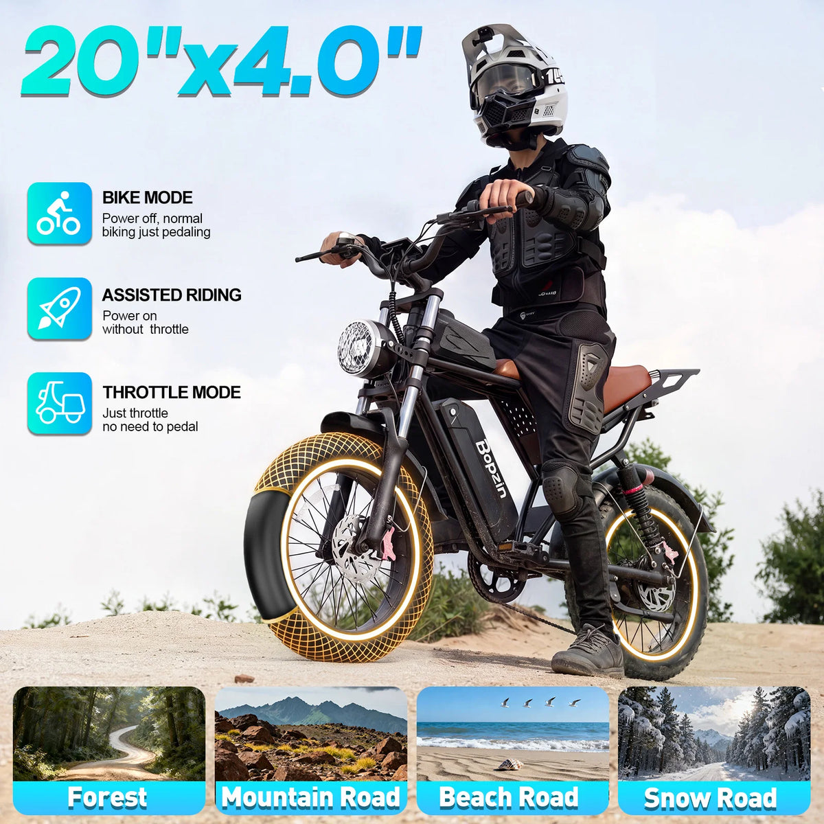 Bopzin C22-Z-25 Electric Bike 1500W 48V 25Ah Fat Tire Ebike for Adults 35MPH Full Suspension Off-Road 20" Dirt Motorcycle E-Bike