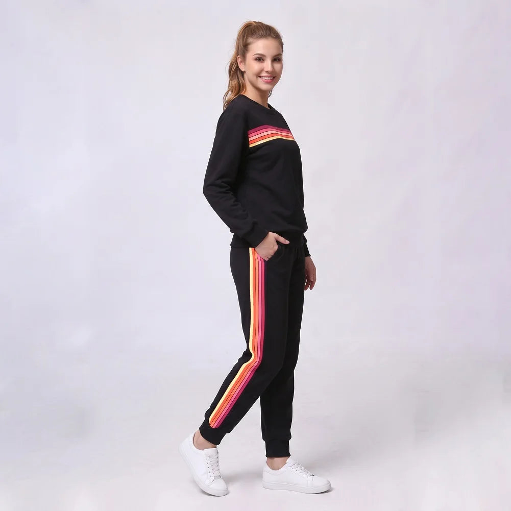 Women's Retro Rainbow Striped Pullover and Jogger Pants Set