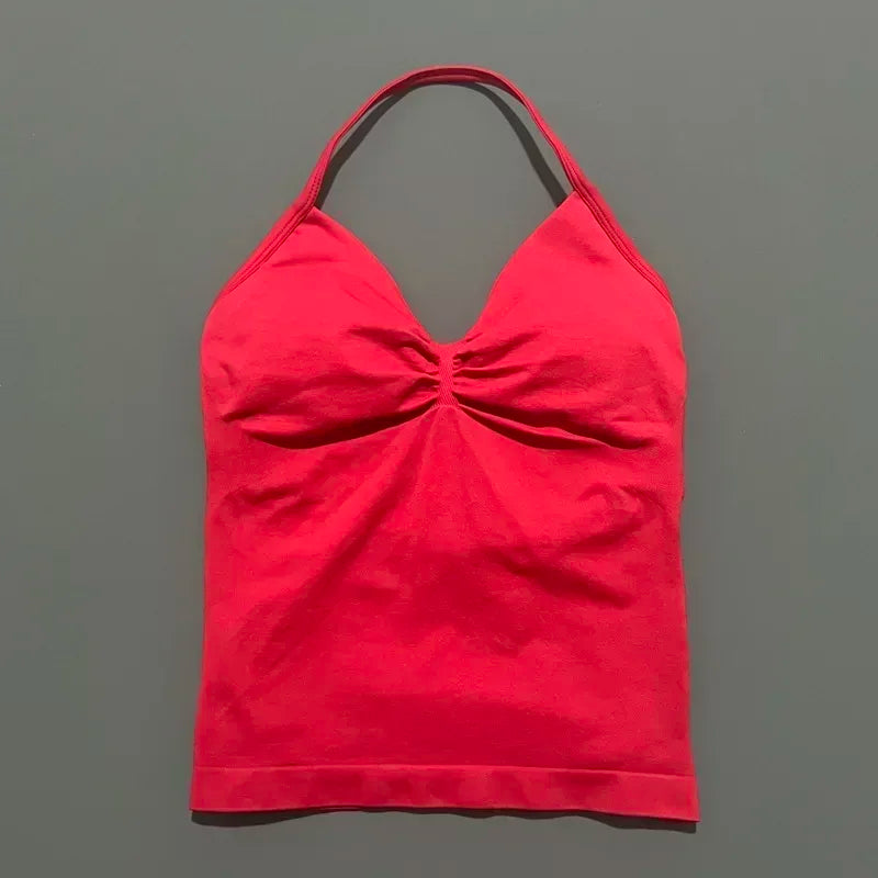Seamless Halter Neck Workout Tank With Built In Shelf Bra