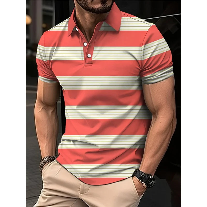 Mens Color Block Striped Polo Shirt Short Sleeve Knit Top