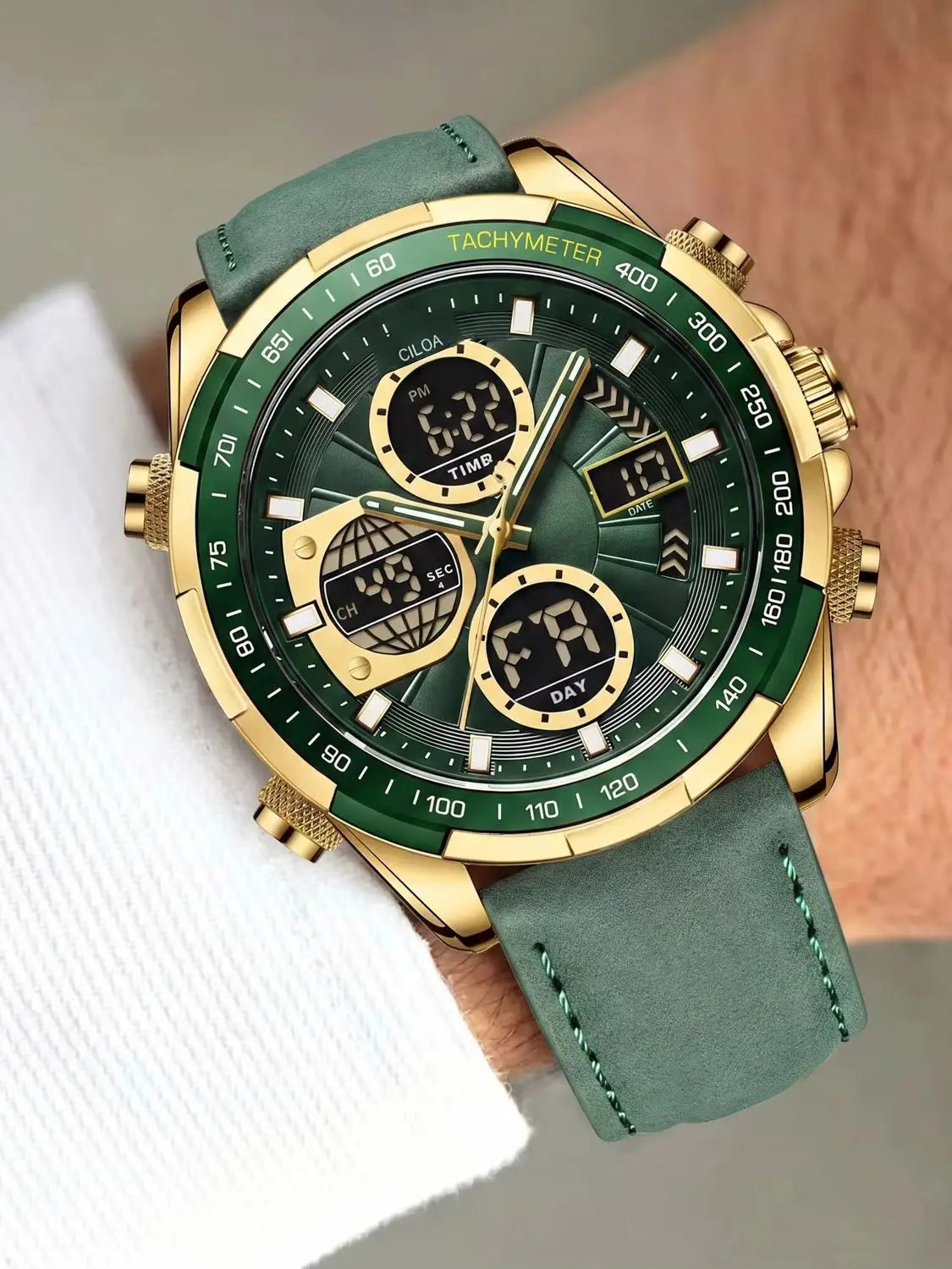 Men Dual Display Digital Analog Watch Green Suede Leather Strap Tachymeter Bezel Waterproof Military Outdoor Multifunctional Sports Quartz Wristwatch for Men