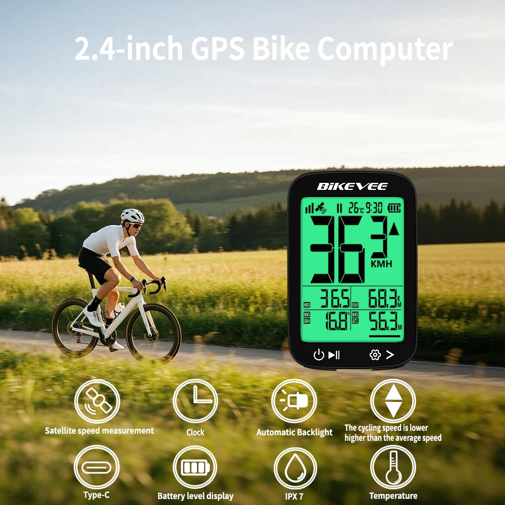 Bikevee USB Rechargeable GPS Bicycle Riding Speedometer Wireless Odometer Bike Computer with Green Auto Backlight LCD Display Waterproof Multi-Functions Bicycle Accurate Speed Tracking Outdoor Cycling Accessories
