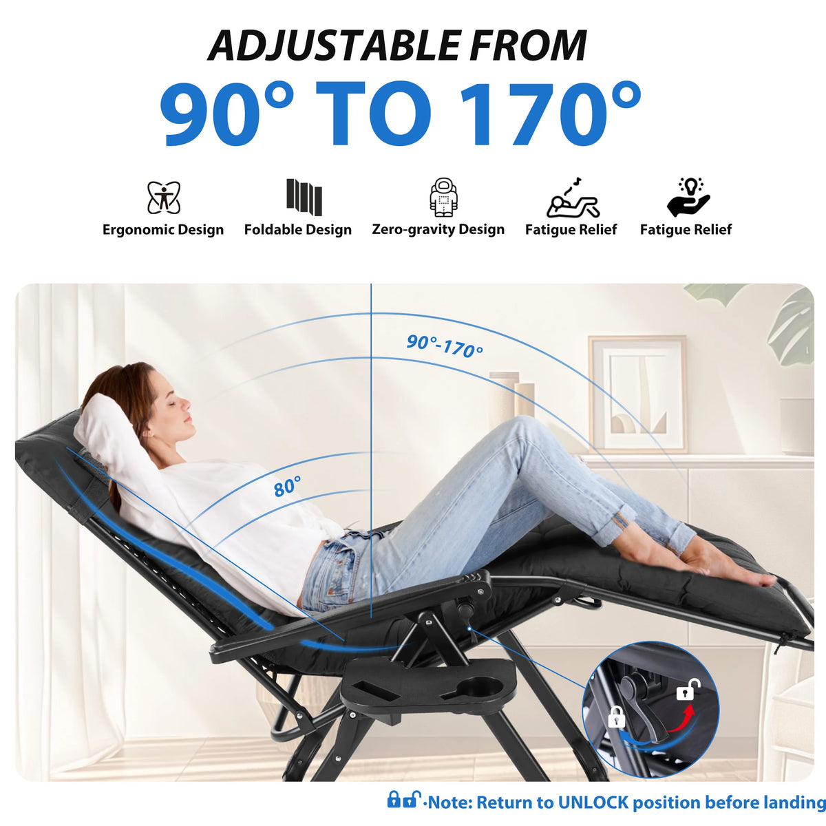 MCQ Zero Gravity Cushioned Folding Lounge Chair With Cup Holder