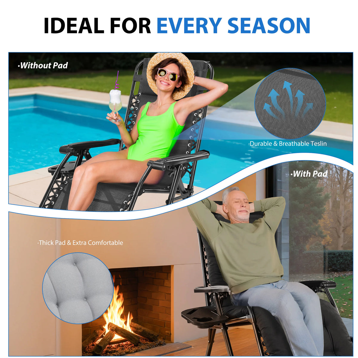 MCQ Zero Gravity Cushioned Folding Lounge Chair With Cup Holder
