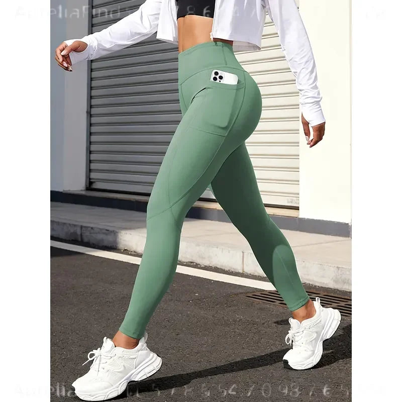 Women Solid High Waist Yoga Leggings With Side Pockets Buttery Soft Naked Feel Stretch Workout Pants For Gym Running Fitness Daily Casual Wear