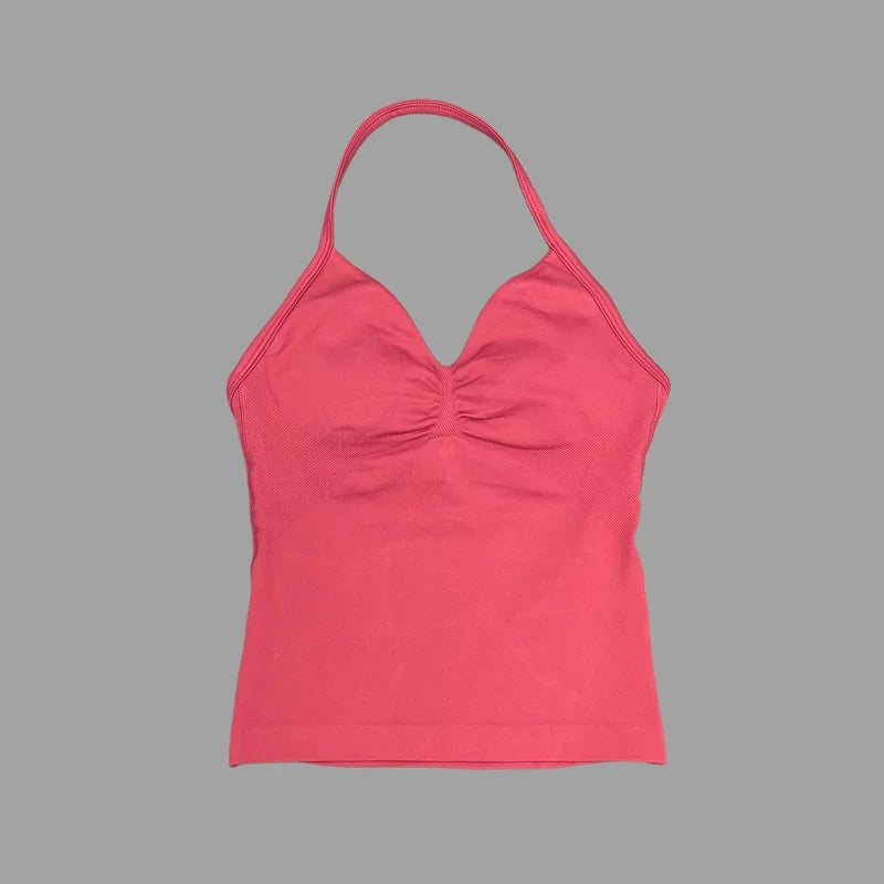 Seamless Halter Neck Workout Tank With Built In Shelf Bra