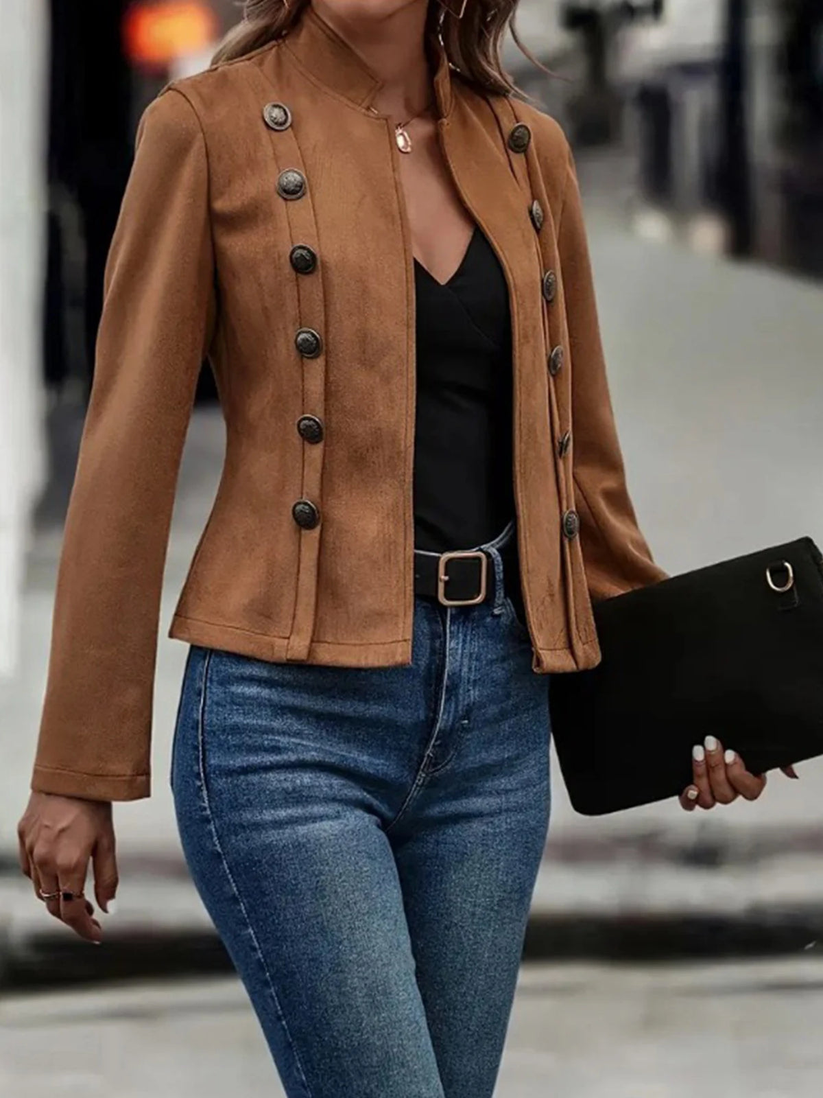 Womens Double Breasted Casual Jacket With Turn Down Collar