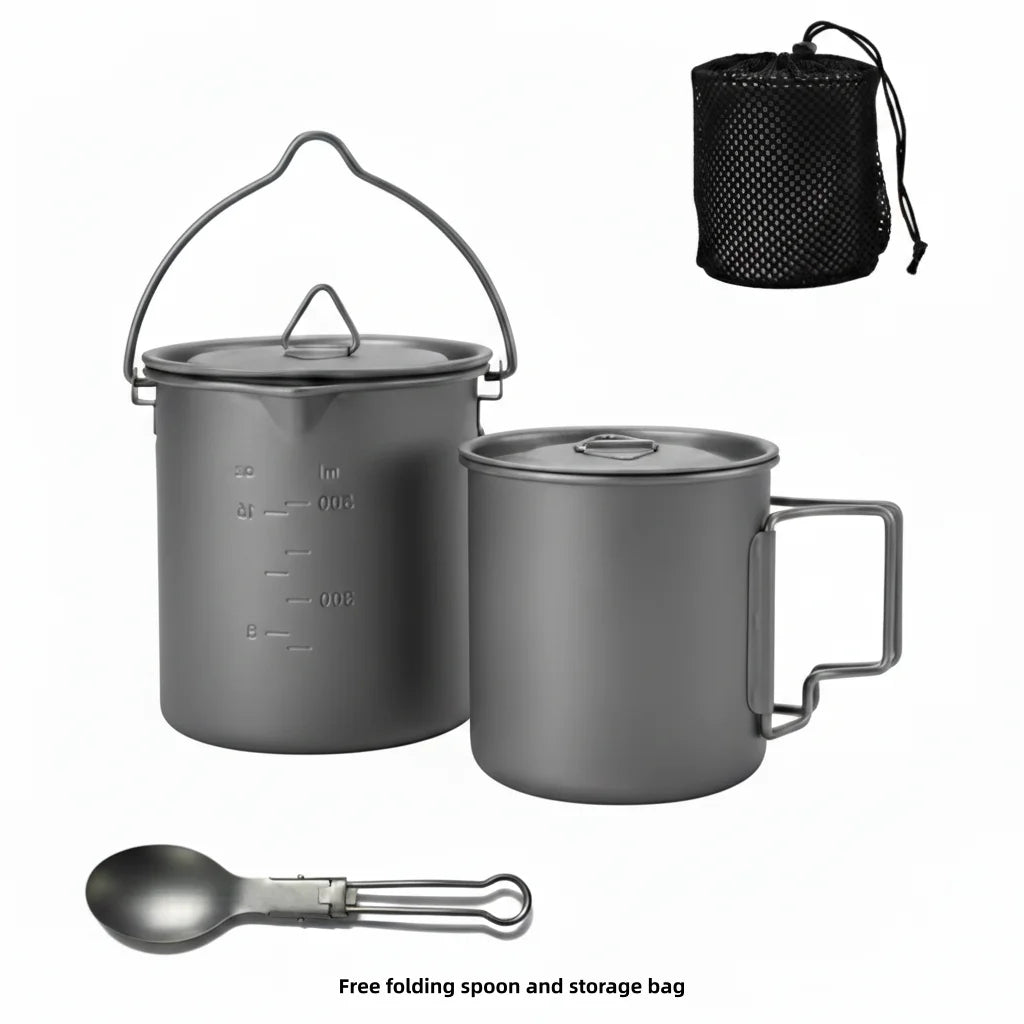 Titanium Camping Cookware Set With Folding Mug And Portable Pot