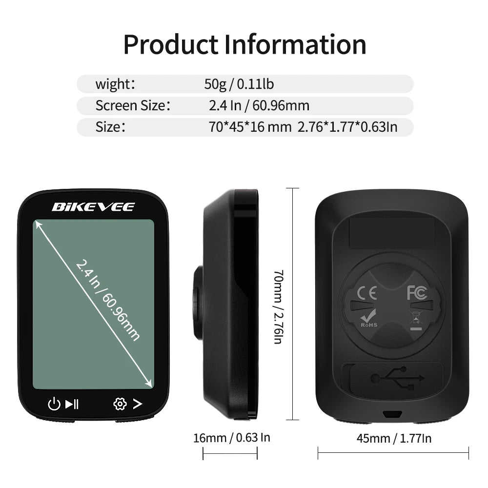 Bikevee USB Rechargeable GPS Bicycle Riding Speedometer Wireless Odometer Bike Computer with Green Auto Backlight LCD Display Waterproof Multi-Functions Bicycle Accurate Speed Tracking Outdoor Cycling Accessories