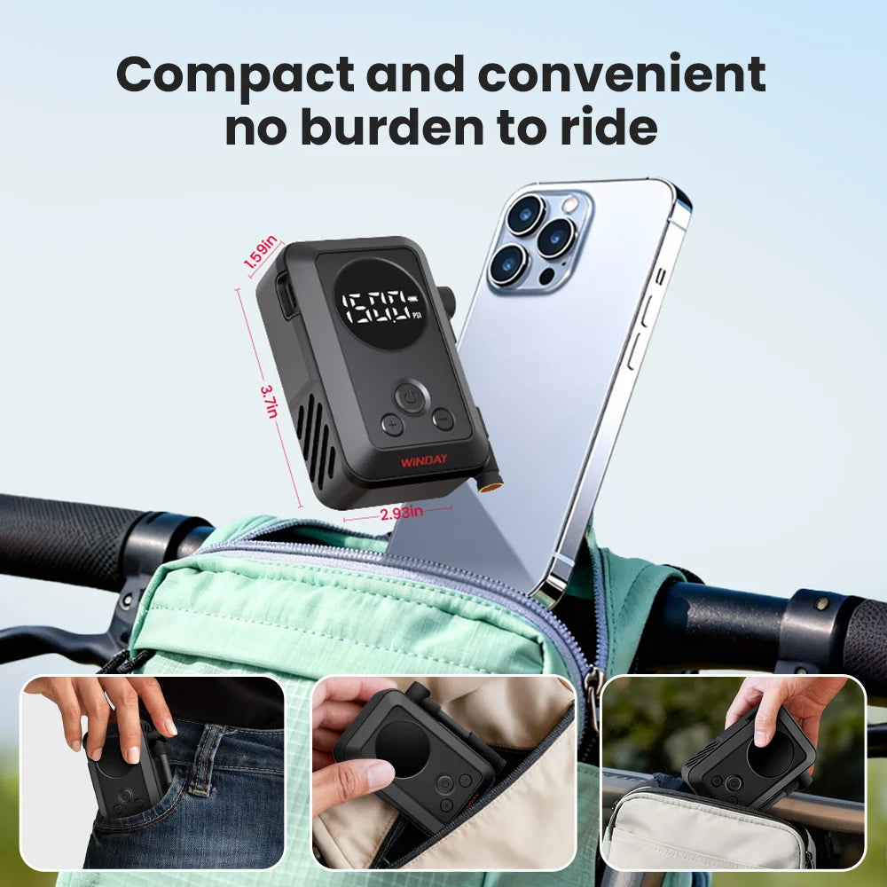 Portable Electric Bike Tire Inflator – P1 150PSI High-Pressure Air Pump for Mountain & Road Bikes, USB-C Rechargeable, 2400mAh Battery, Auto Shutoff, Compact Bicycle Tire Pump with PSI/BAR/KPA for MTB, Commuter, Mini SUV &