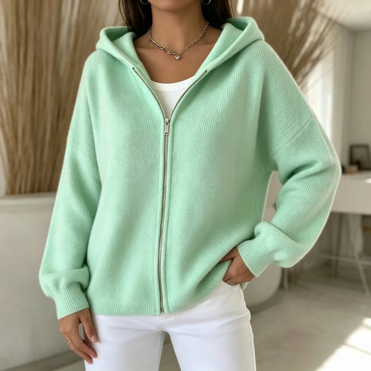SCACTO Women's Hooded Zip Knit Cardigan With Pockets
