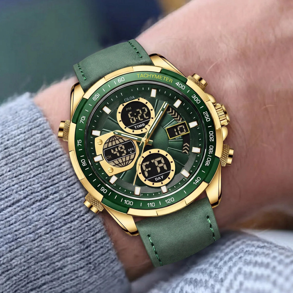 Men Dual Display Digital Analog Watch Green Suede Leather Strap Tachymeter Bezel Waterproof Military Outdoor Multifunctional Sports Quartz Wristwatch for Men