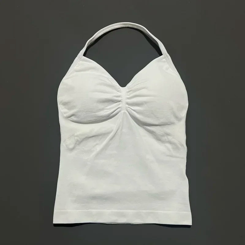 Seamless Halter Neck Workout Tank With Built In Shelf Bra
