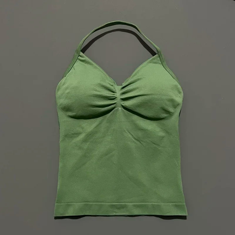 Seamless Halter Neck Workout Tank With Built In Shelf Bra