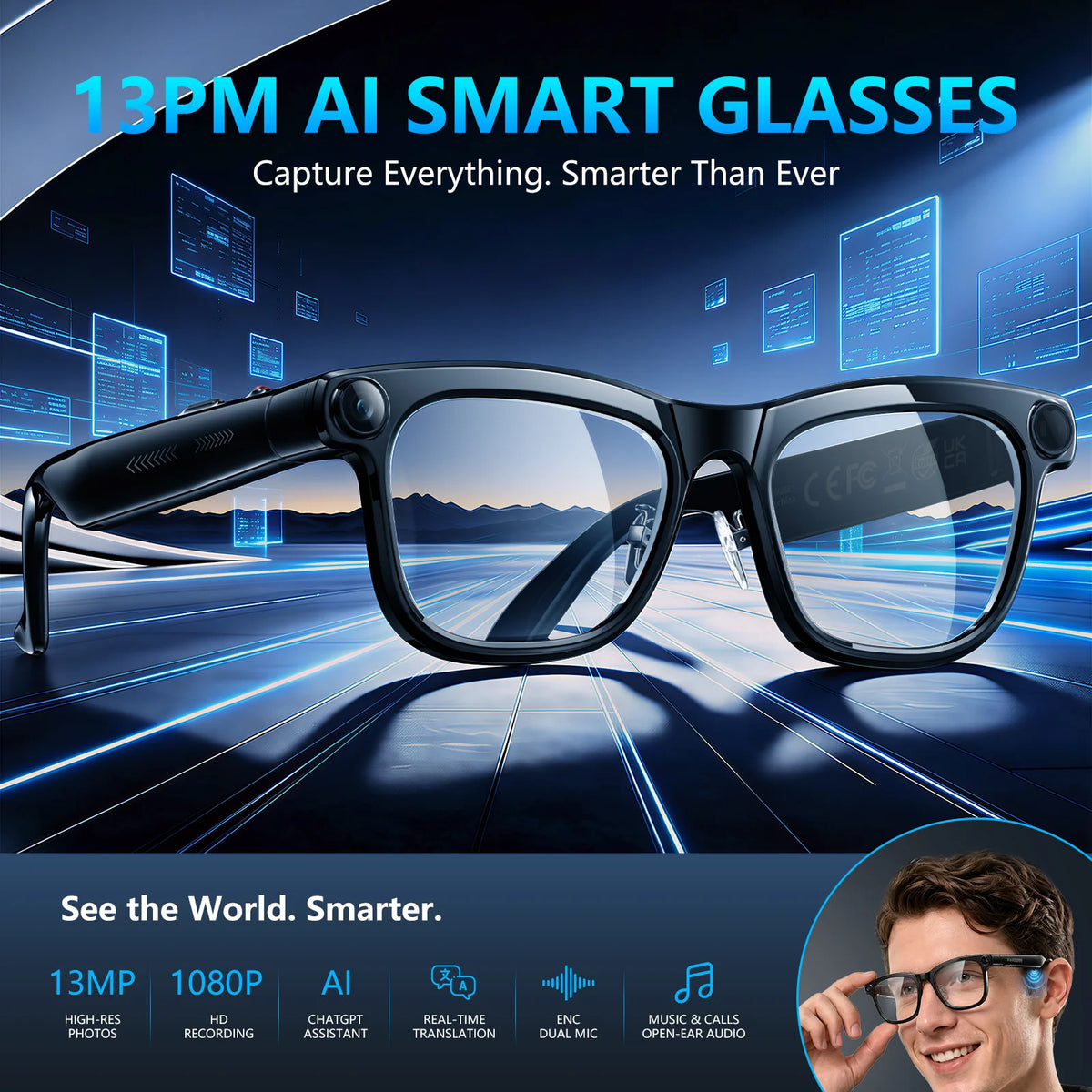 KAIGERR Smart Glasses With Camera, Bluetooth Calls And AI Translation