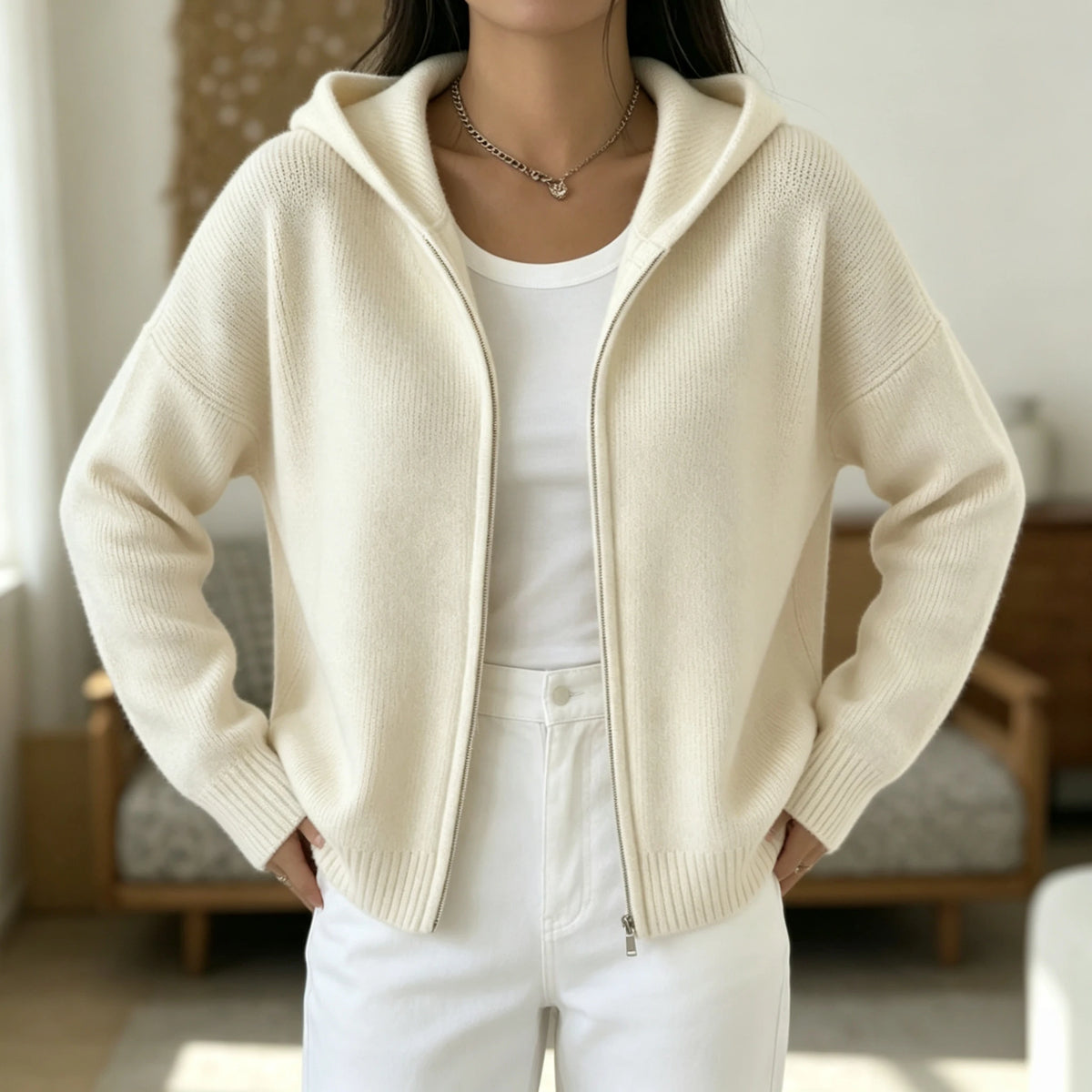 SCACTO Women's Hooded Zip Knit Cardigan With Pockets