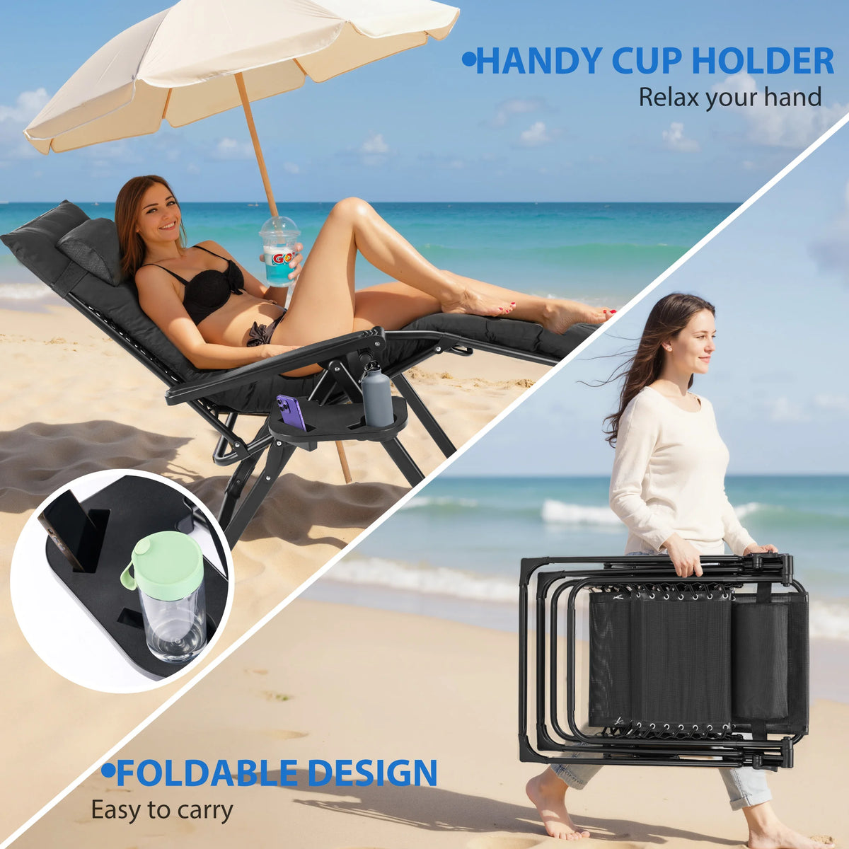MCQ Zero Gravity Cushioned Folding Lounge Chair With Cup Holder