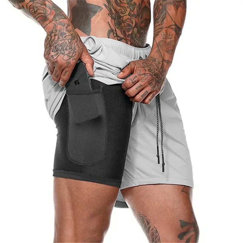 Mens 2 In 1 Compression Running Shorts With Phone Pockets