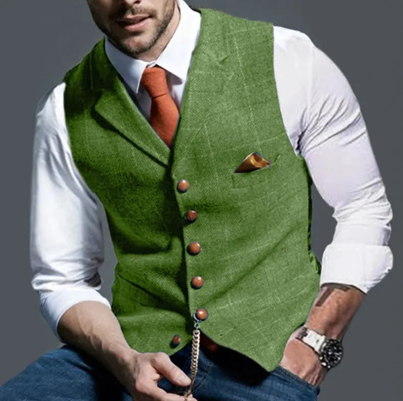 Multi Colors Men's Tweed Plaid Waistcoat Slim Fit Notch Lapel Suit Vest Casual Formal Hybrid Gilet with Pocket Chain Detail