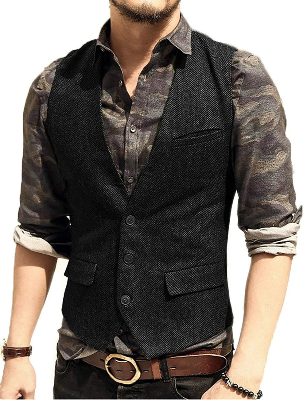 SOLOVEDRESS Men's Herringbone Tweed Vest for Business and Formal Wear