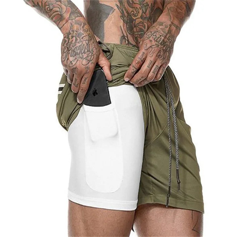 Mens 2 In 1 Compression Running Shorts With Phone Pockets