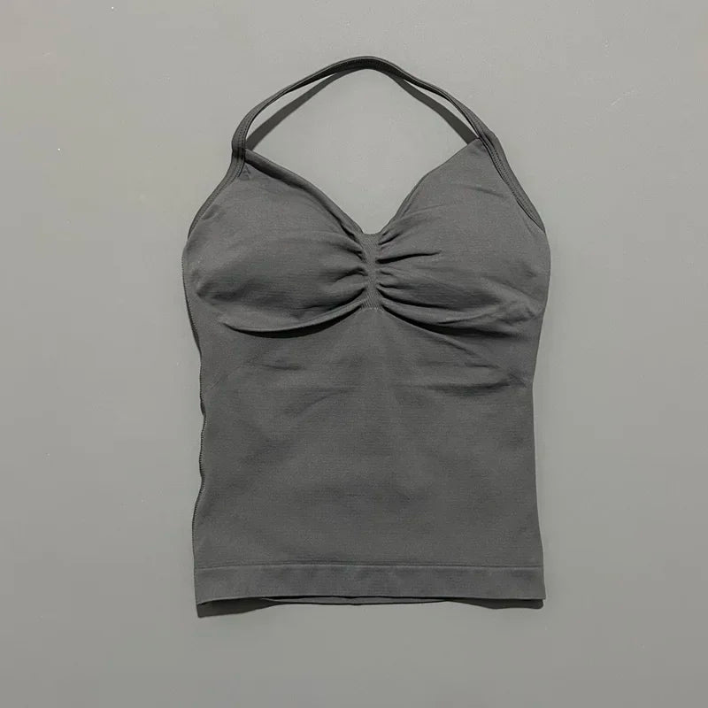 Seamless Halter Neck Workout Tank With Built In Shelf Bra