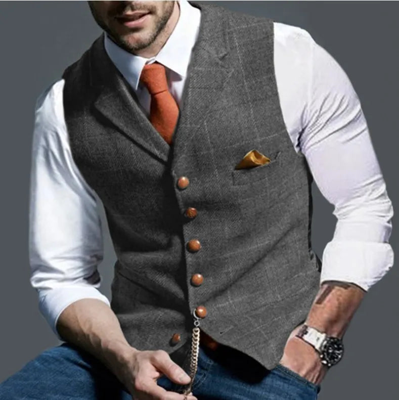 Multi Colors Men's Tweed Plaid Waistcoat Slim Fit Notch Lapel Suit Vest Casual Formal Hybrid Gilet with Pocket Chain Detail