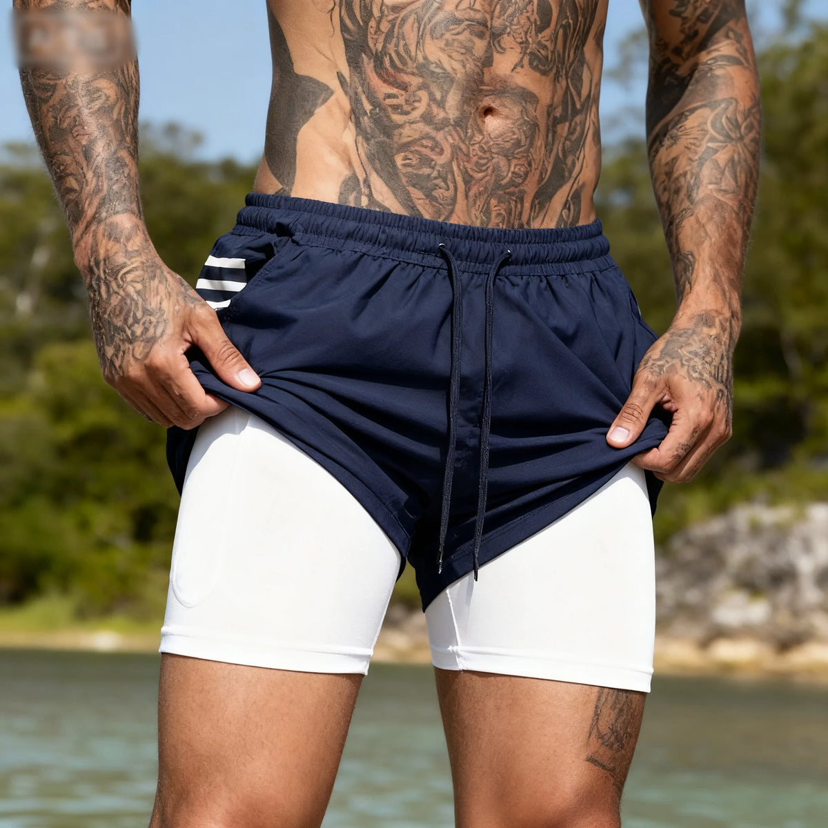 Mens 2 In 1 Compression Running Shorts With Phone Pockets