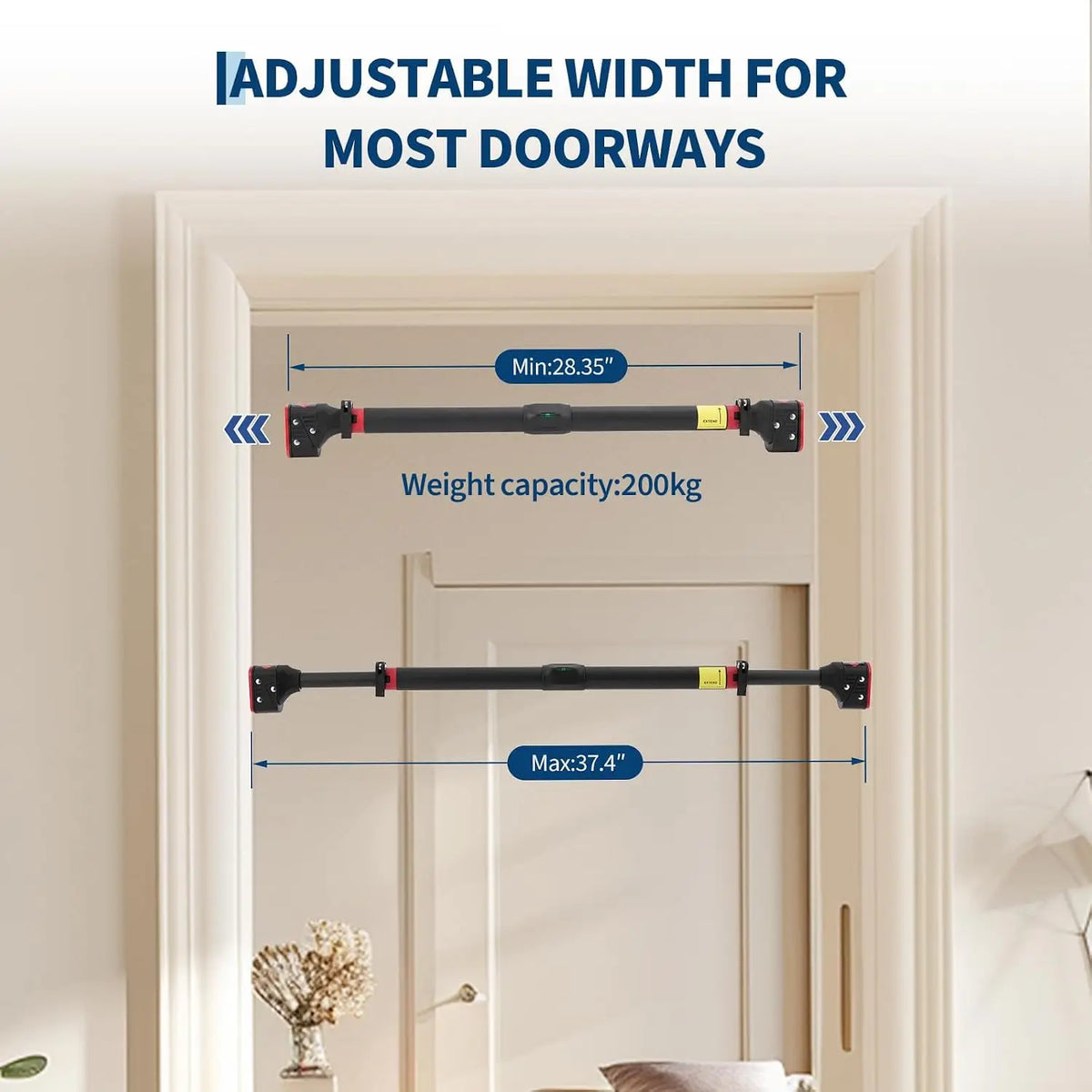 Heavy Duty Doorway Pull Up Bar Adjustable Width No-Screw Installation, Locking Mechanism Level Meter Anti-Slip 440lbs Capacity – Home Gym Strength Trainer