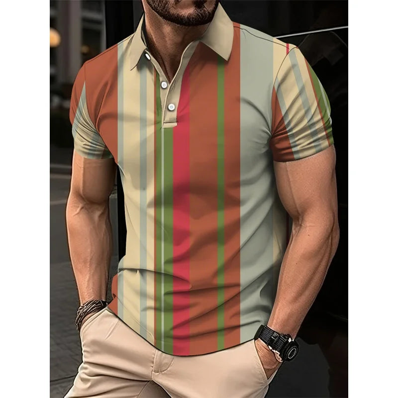 Mens Color Block Striped Polo Shirt Short Sleeve Knit Top