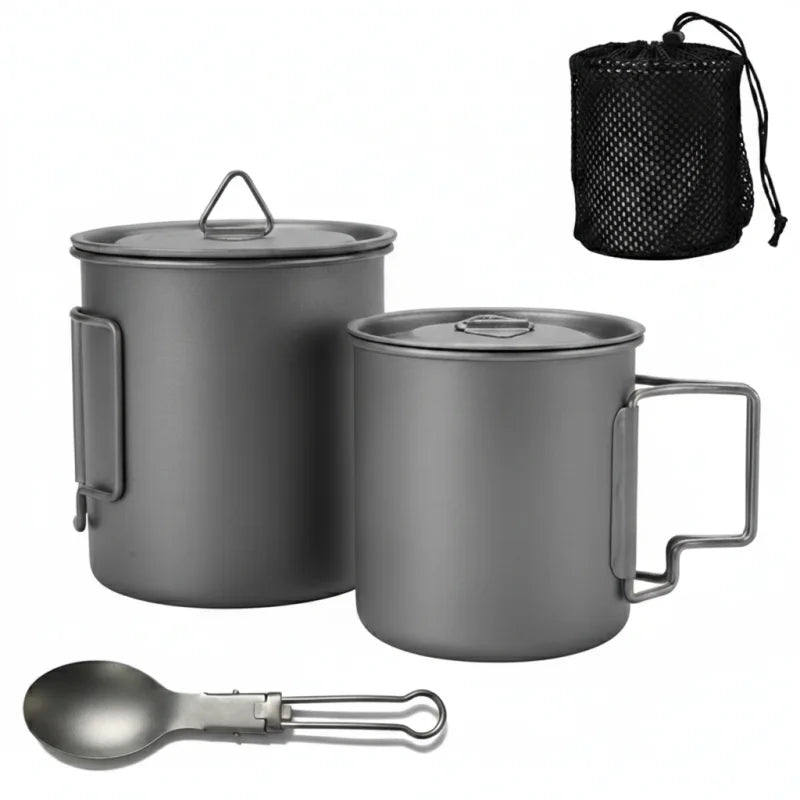 Titanium Camping Cookware Set With Folding Mug And Portable Pot