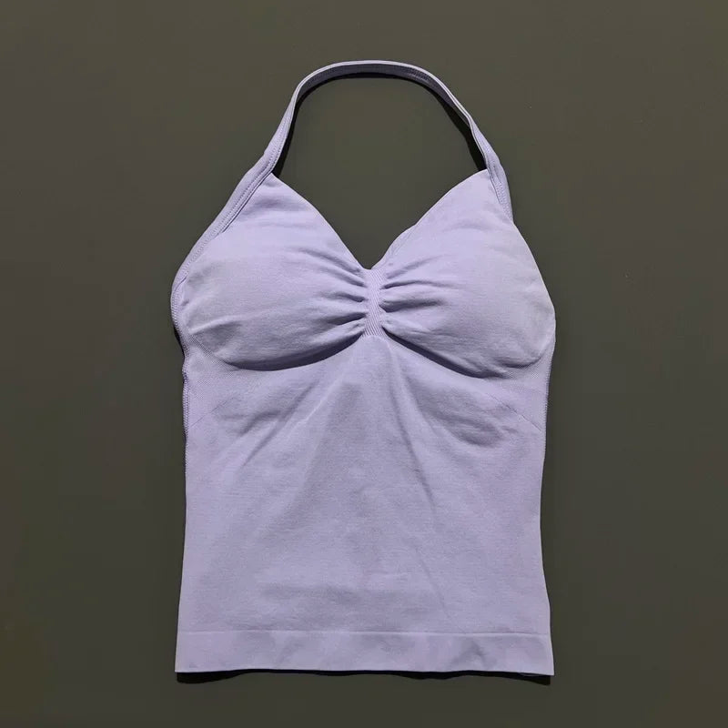 Seamless Halter Neck Workout Tank With Built In Shelf Bra