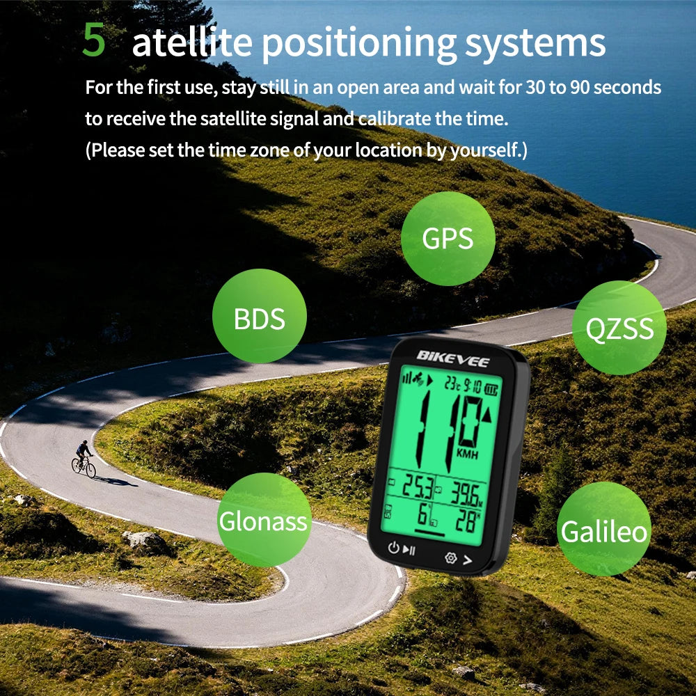 Bikevee USB Rechargeable GPS Bicycle Riding Speedometer Wireless Odometer Bike Computer with Green Auto Backlight LCD Display Waterproof Multi-Functions Bicycle Accurate Speed Tracking Outdoor Cycling Accessories