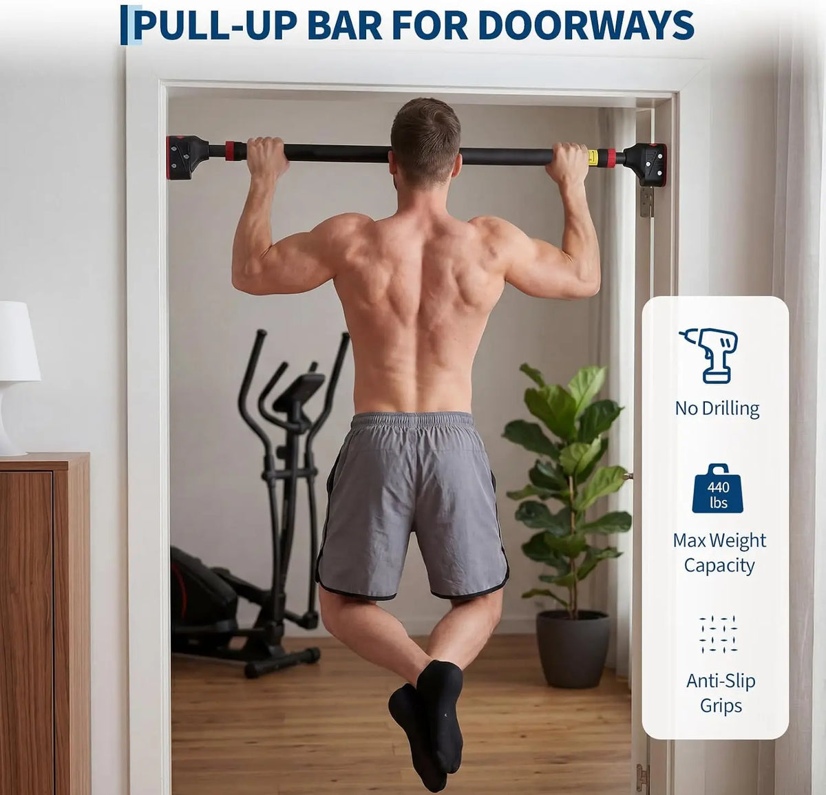 Heavy Duty Doorway Pull Up Bar Adjustable Width No-Screw Installation, Locking Mechanism Level Meter Anti-Slip 440lbs Capacity – Home Gym Strength Trainer