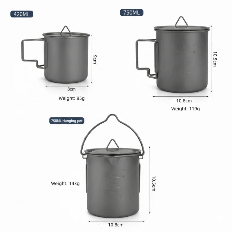 Titanium Camping Cookware Set With Folding Mug And Portable Pot