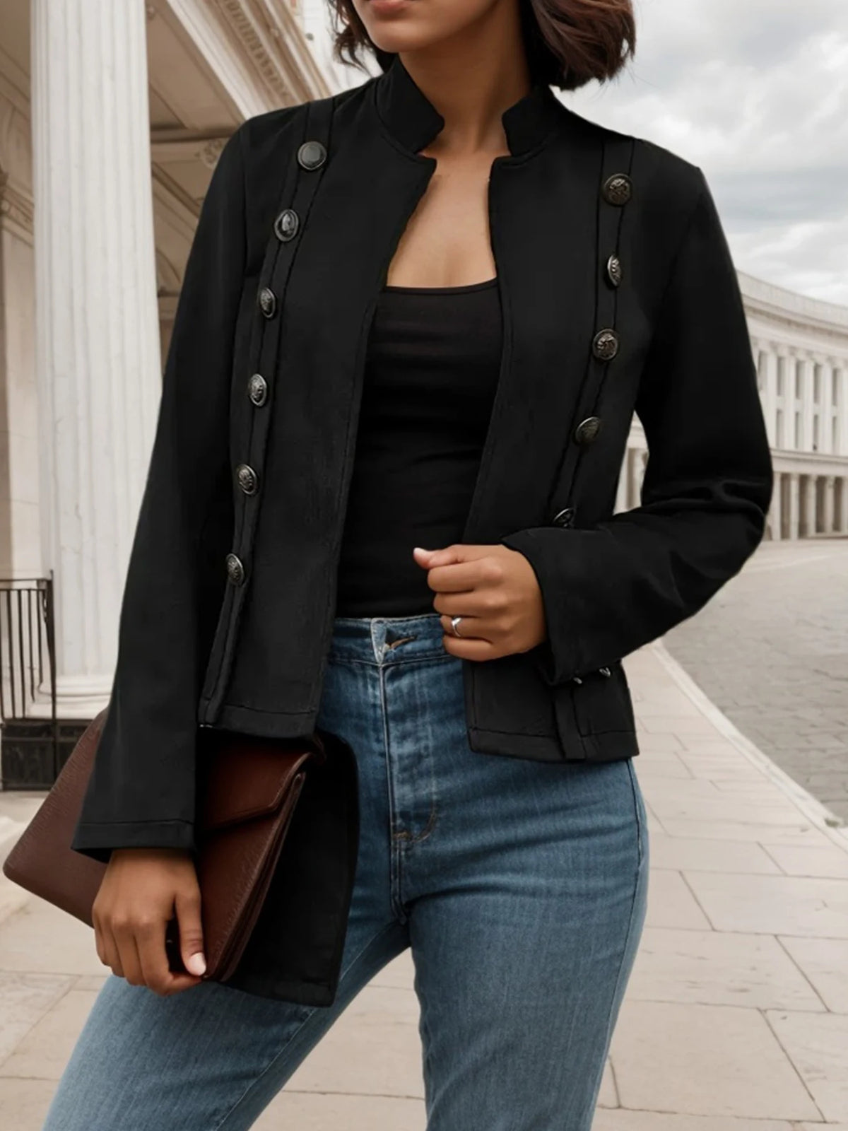 Womens Double Breasted Casual Jacket With Turn Down Collar