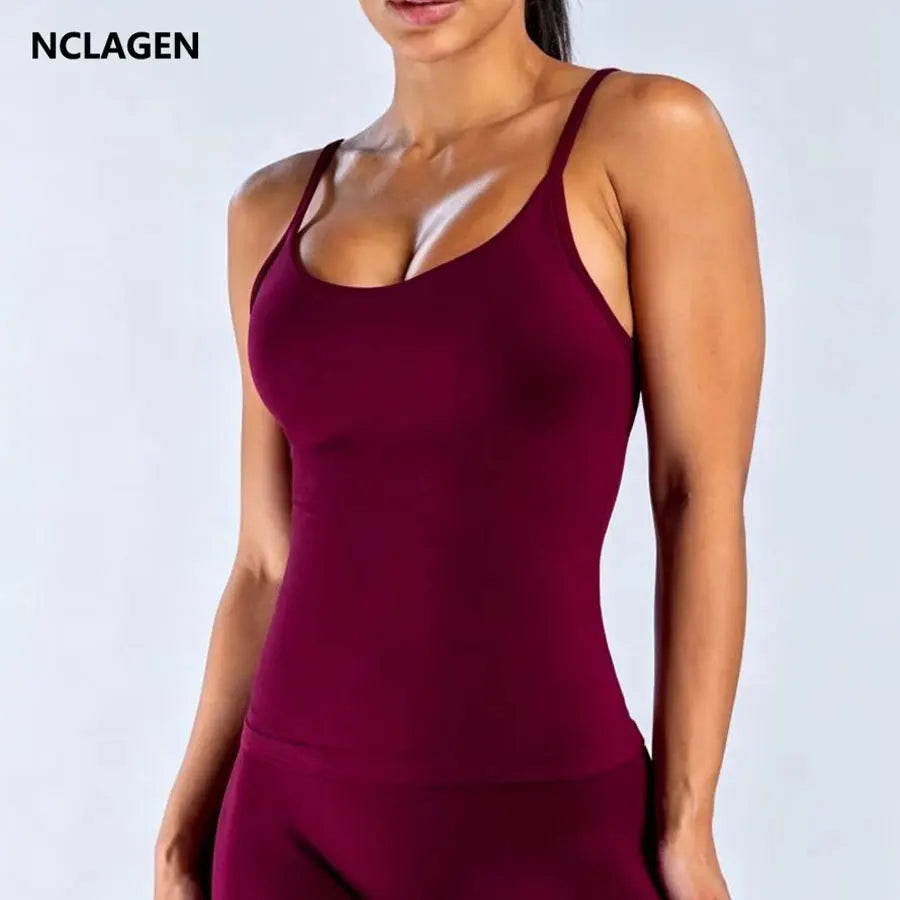 NCLAGEN Women's Seamless Pilates Tank Top With Built In Bra