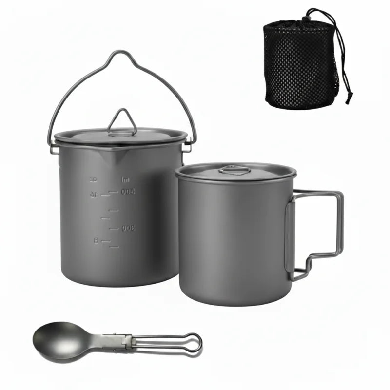 Titanium Camping Cookware Set With Folding Mug And Portable Pot
