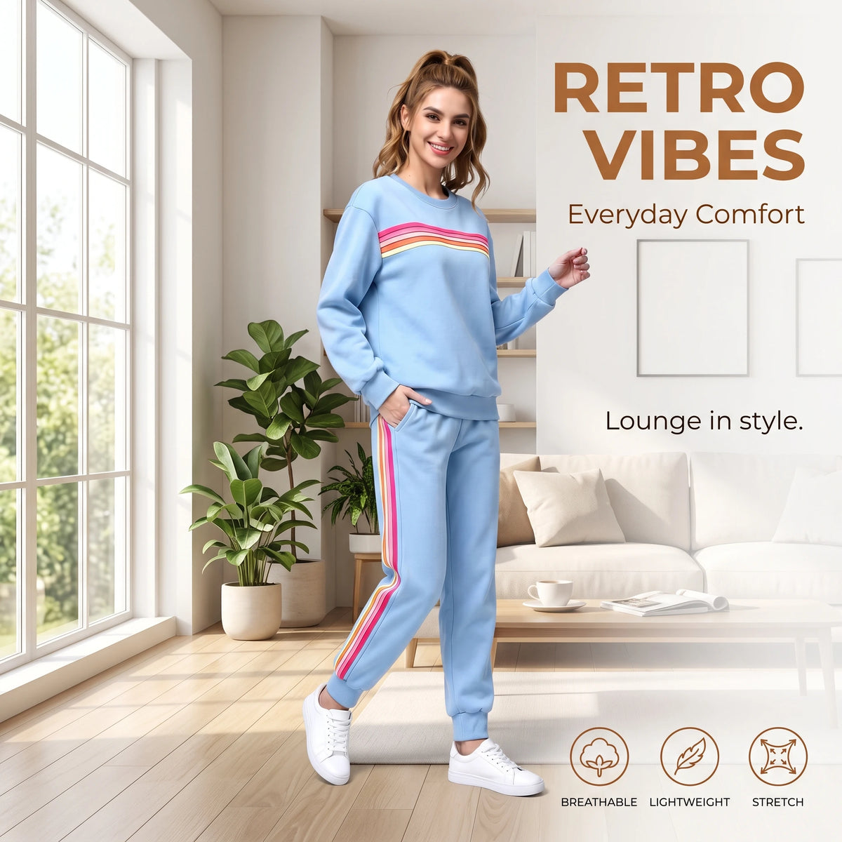 Women's Retro Rainbow Striped Pullover and Jogger Pants Set