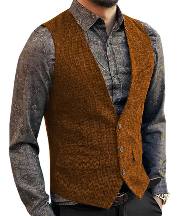 SOLOVEDRESS Men's Herringbone Tweed Vest for Business and Formal Wear