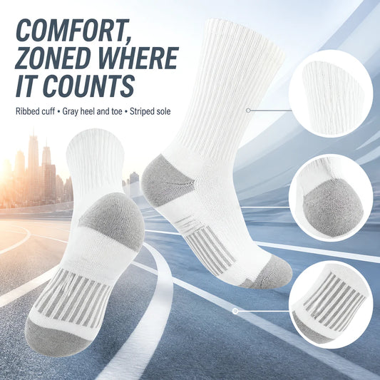 6 Pairs Crew Socks, Athletic Socks Men Women, Zoned Cushioning Socks, Ribbed Cuff Socks, Gray Heel Toe Socks, Striped Sole Socks, Performance Sports Socks, Breathable Running Socks, Everyday Casual Socks