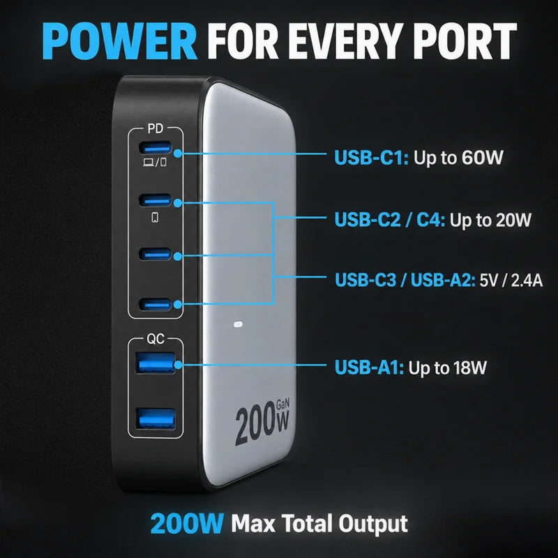 【US Plug】200W GaN Charger Desktop Laptop Fast Charger For iPhone 18 17 16 Pro Max Macbook Air Pro iPad Samsung