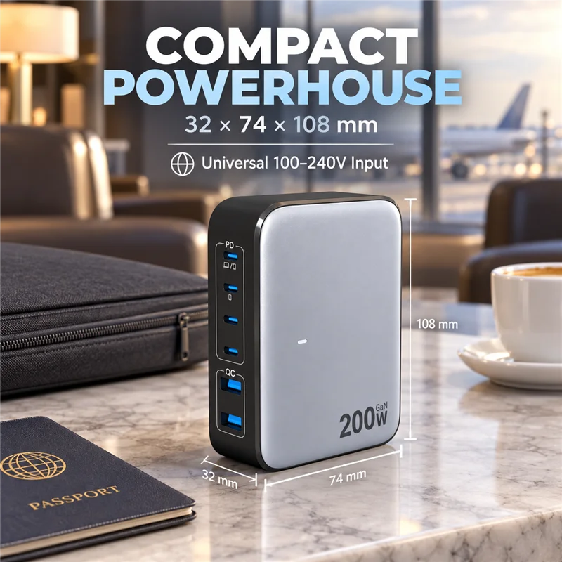 【US Plug】200W GaN Charger Desktop Laptop Fast Charger For iPhone 18 17 16 Pro Max Macbook Air Pro iPad Samsung