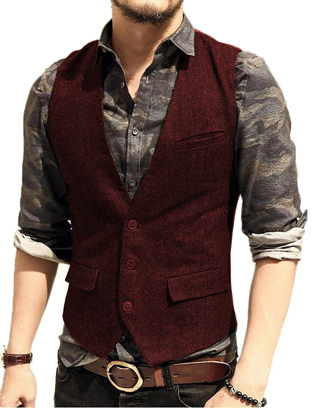 SOLOVEDRESS Men's Herringbone Tweed Vest for Business and Formal Wear