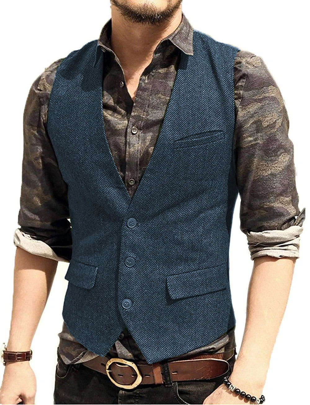 SOLOVEDRESS Men's Herringbone Tweed Vest for Business and Formal Wear