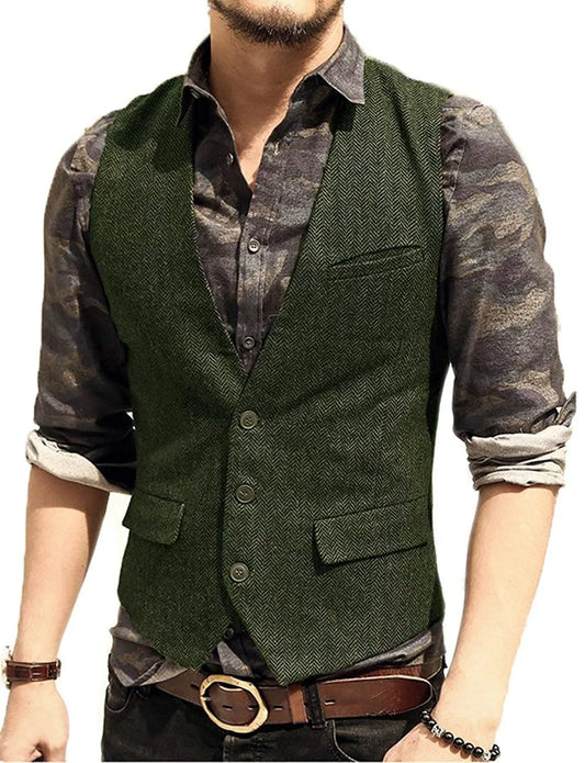 SOLOVEDRESS Men's Herringbone Tweed Vest for Business and Formal Wear