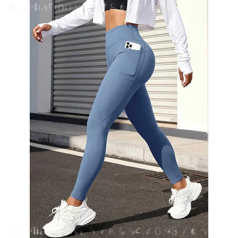 Women Solid High Waist Yoga Leggings With Side Pockets Buttery Soft Naked Feel Stretch Workout Pants For Gym Running Fitness Daily Casual Wear