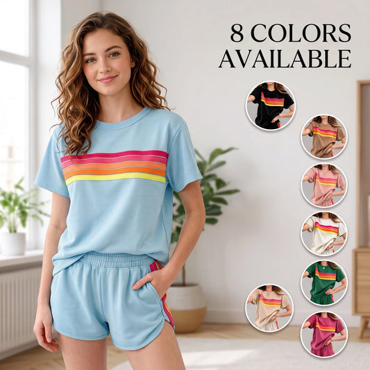 Women's Retro Striped Lounge Set With Tee And Elastic Shorts